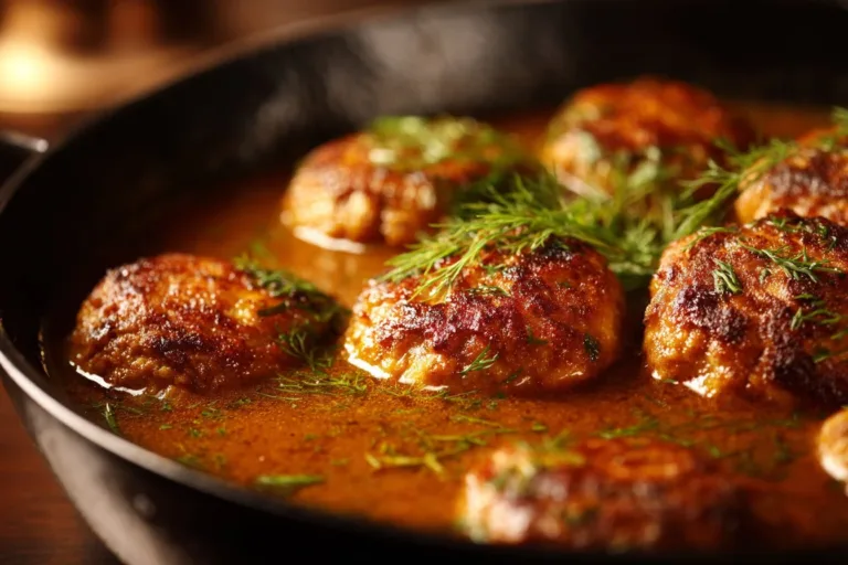 Delicious hamburger steaks in creamy dill sauce served on a plate.