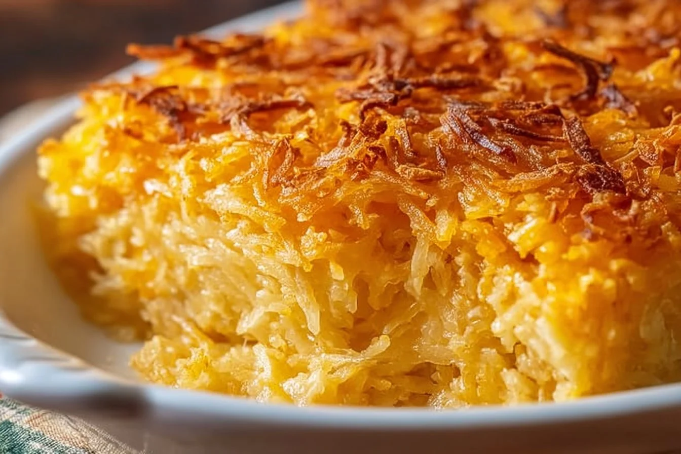 Delicious and creamy Hashbrown Casserole served in a baking dish