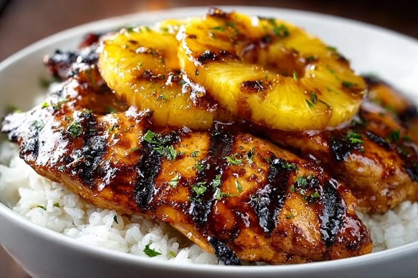 Delicious Hawaiian Chicken served with pineapple and coconut rice