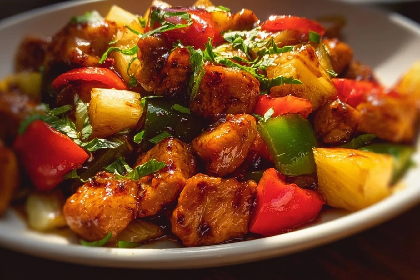 Hawaiian Chicken Sheet Pan recipe with colorful ingredients and finished dish