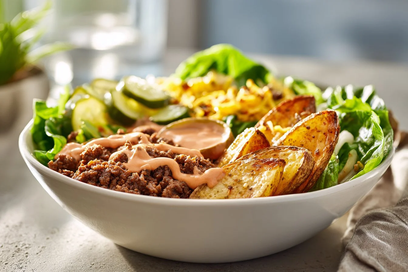 Healthy burger bowls with special sauce and fresh ingredients