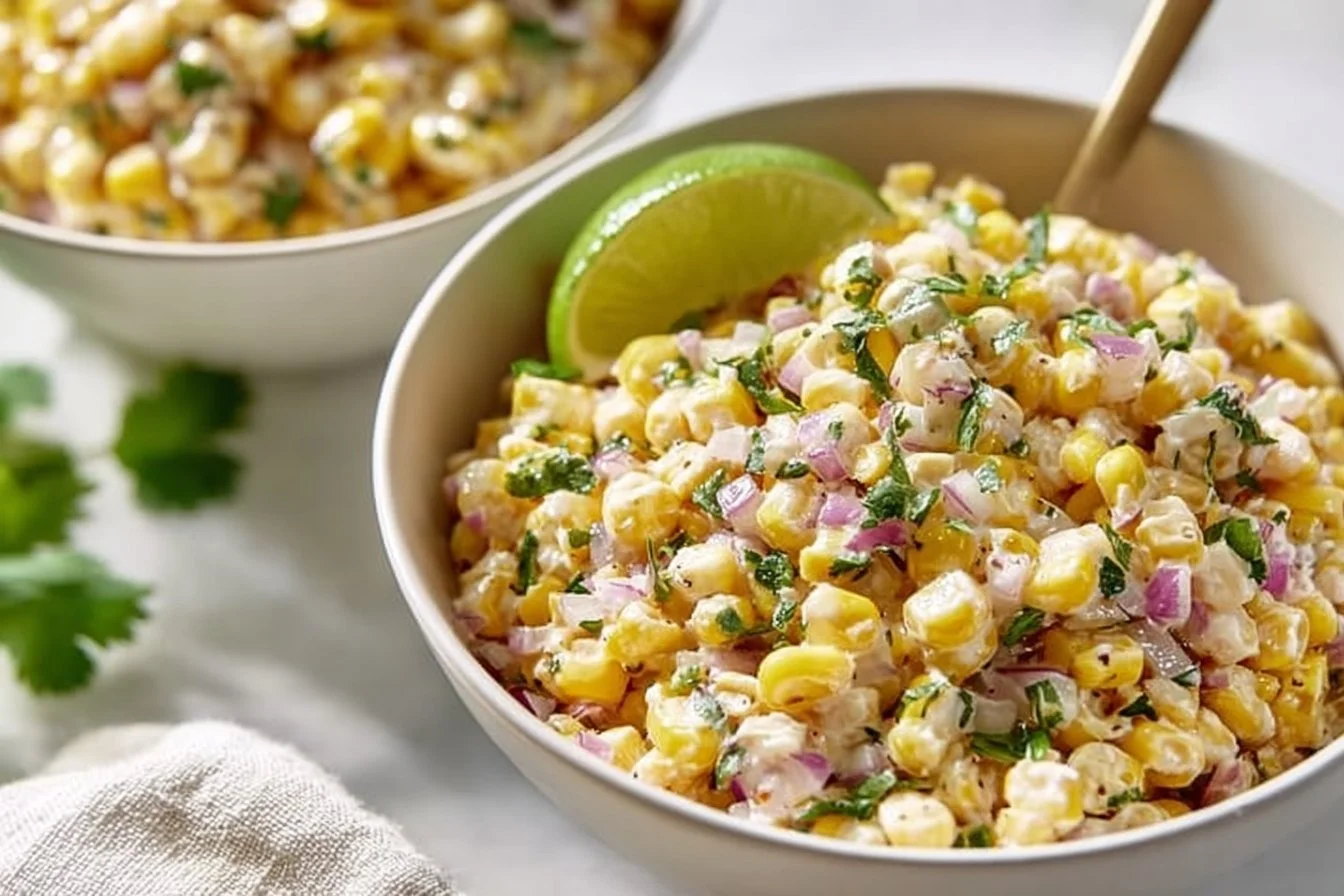 Bowl of healthy street corn salad with Greek yogurt and fresh ingredients