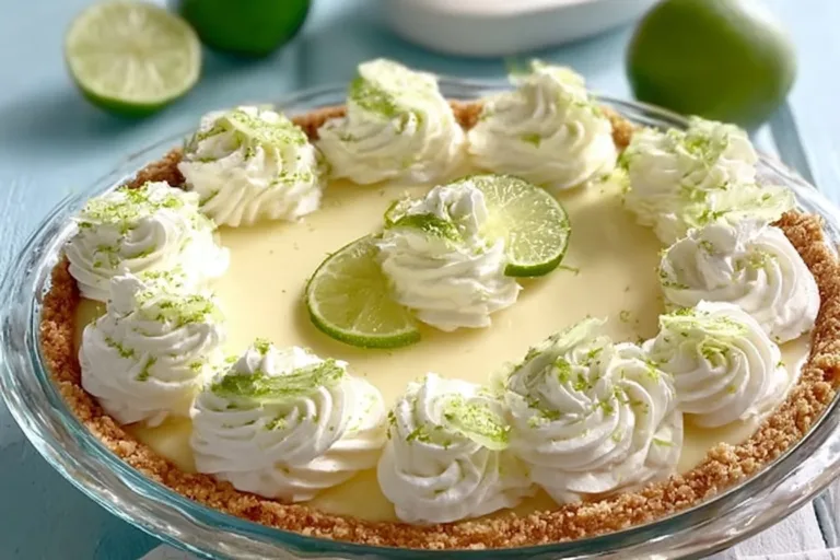 A slice of homemade key lime pie on a plate, garnished with lime and whipped cream