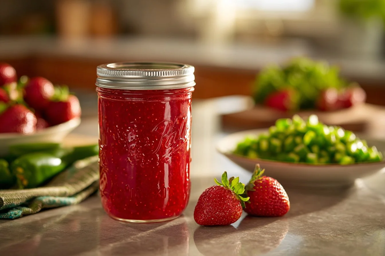 Homemade pepper jelly jars with fresh peppers and ingredients