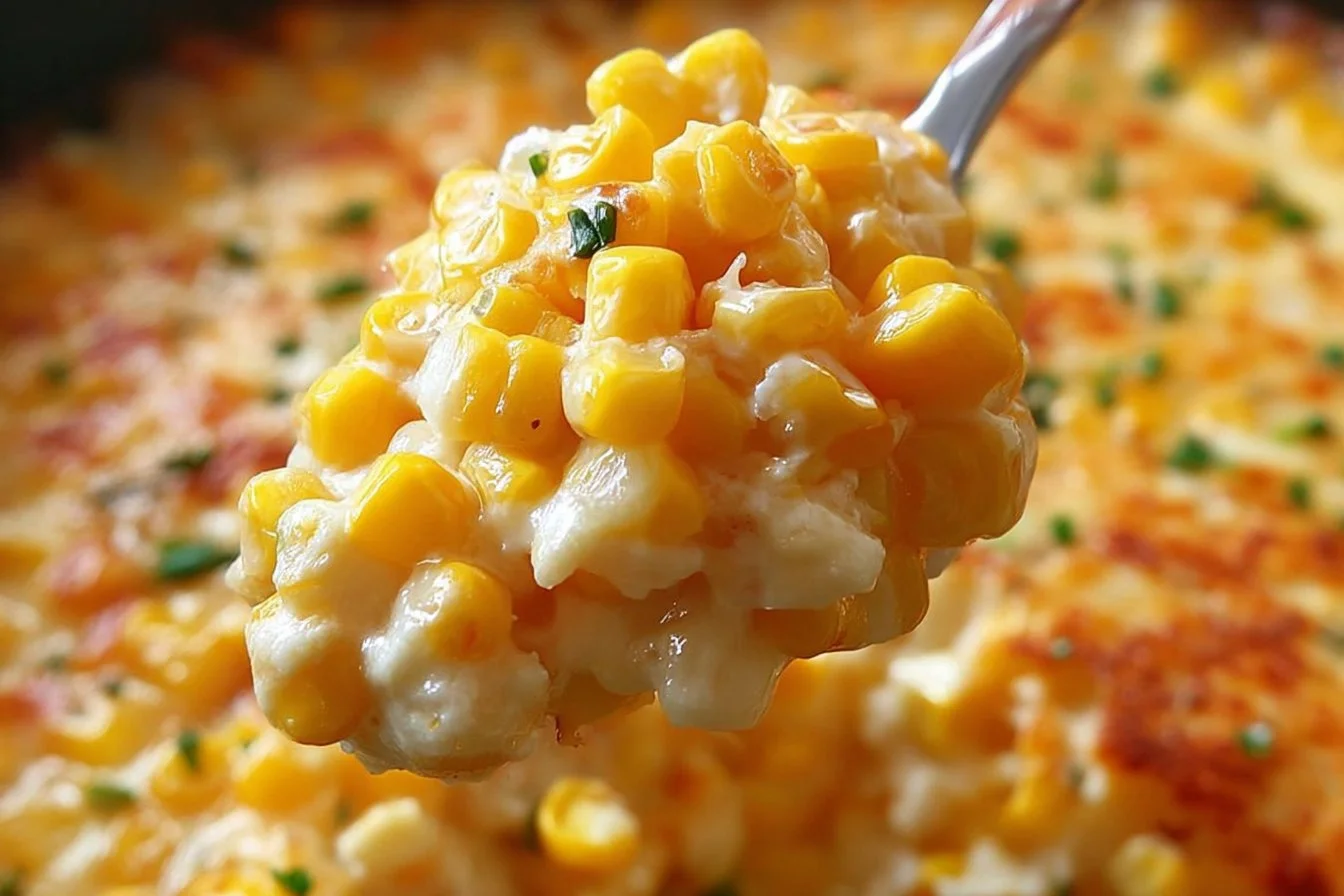 Honey butter creamy skillet corn served in a skillet.