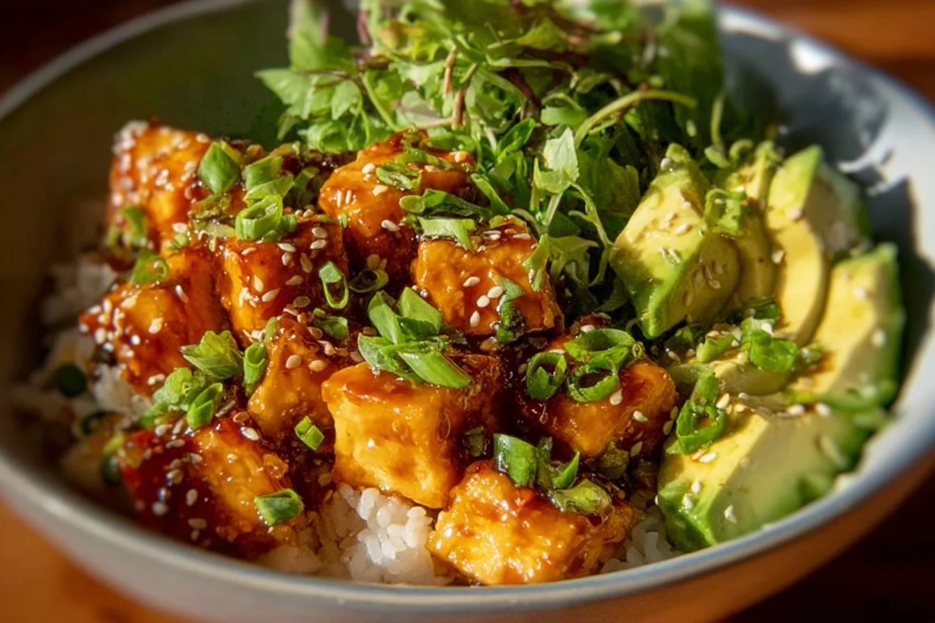 Honey glazed salmon rice bowls with fresh vegetables and sesame seeds
