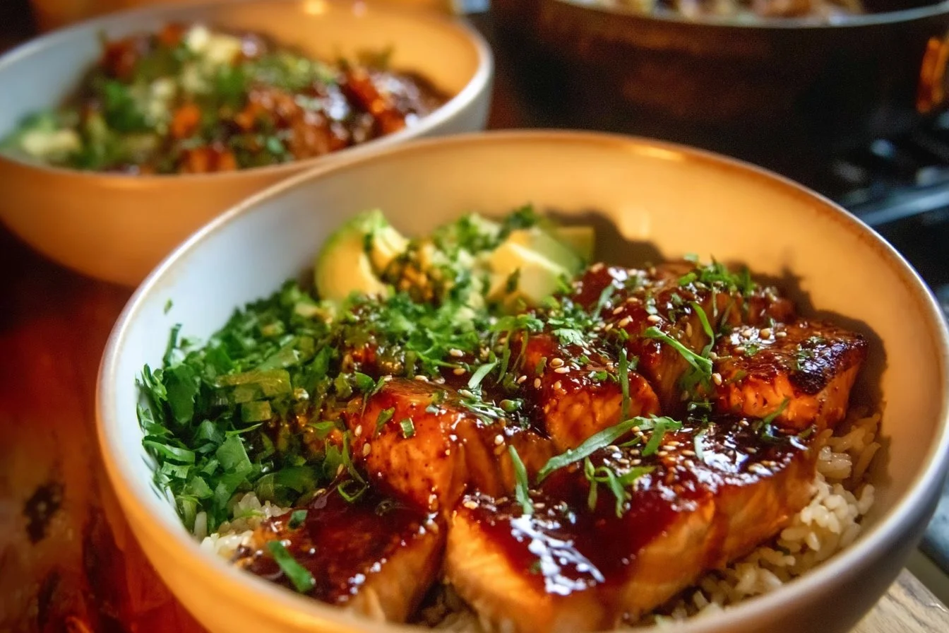 Honey Glazed Salmon Rice Bowls