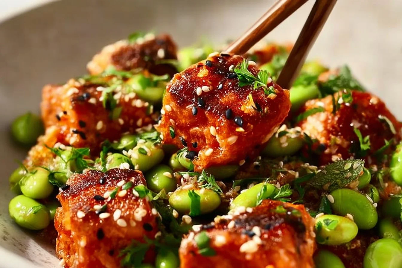 Honey Sriracha Salmon bowls topped with vegetables and served in a bowl