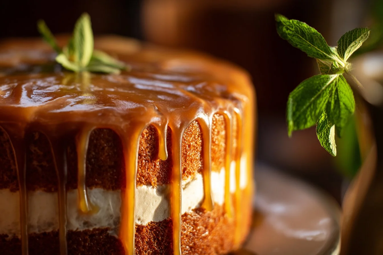 Delicious Irish Whiskey Cake with rich frosting and garnishes