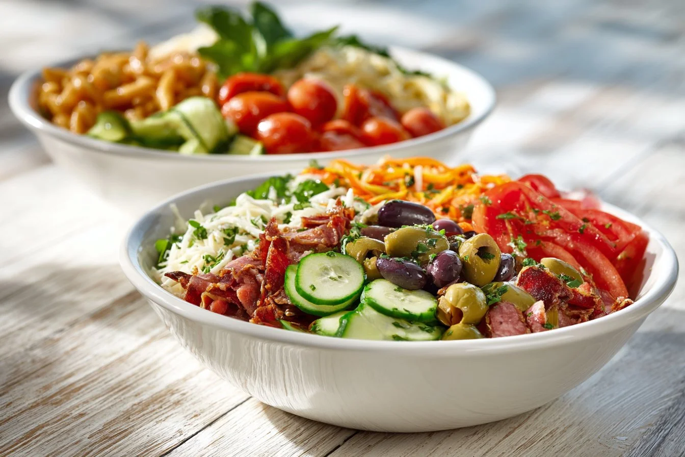 Delicious Italian Sub Salad with meats, vegetables, and dressing on a plate