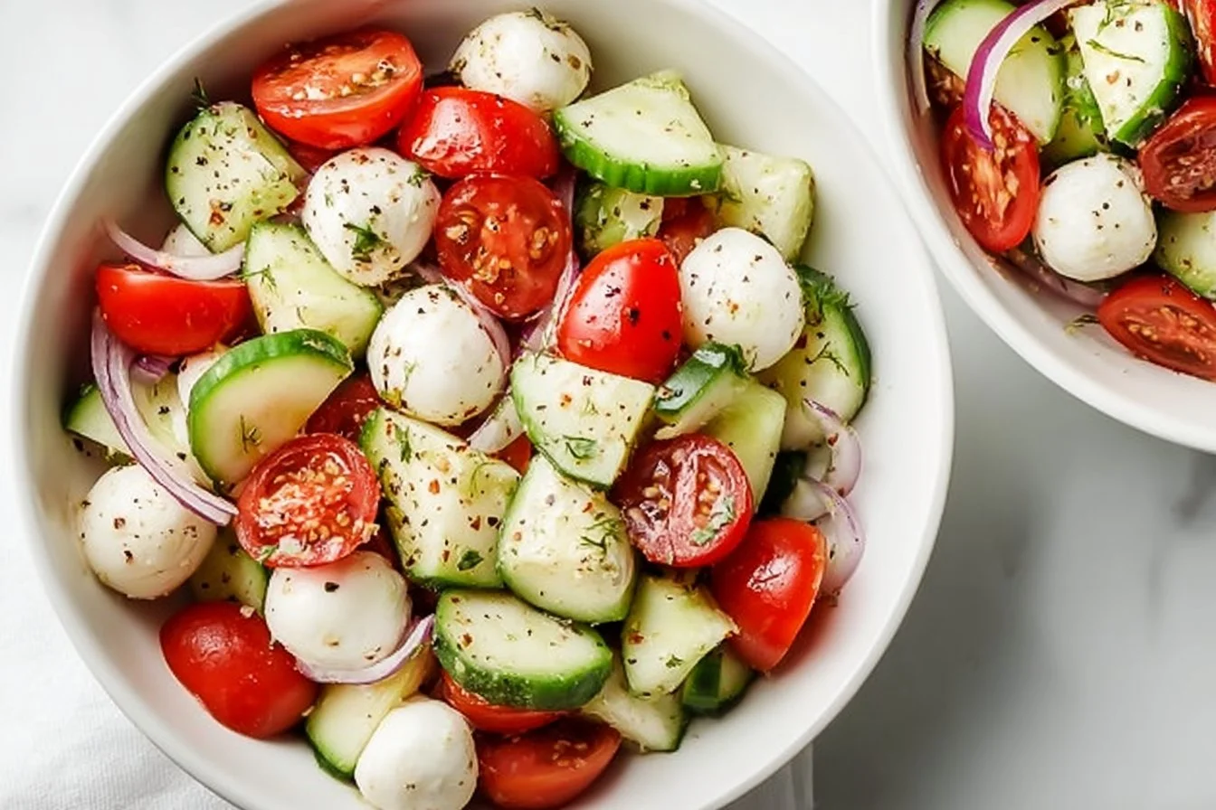 Juicy cucumber caprese salad with tomatoes and mozzarella cheese