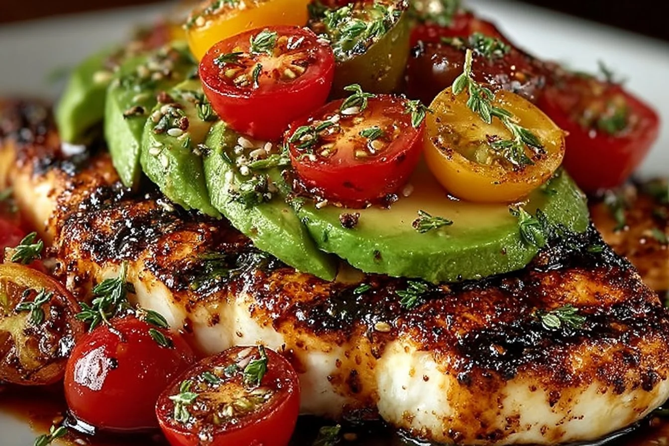 Juicy grilled chicken topped with fresh California avocado on a rustic plate