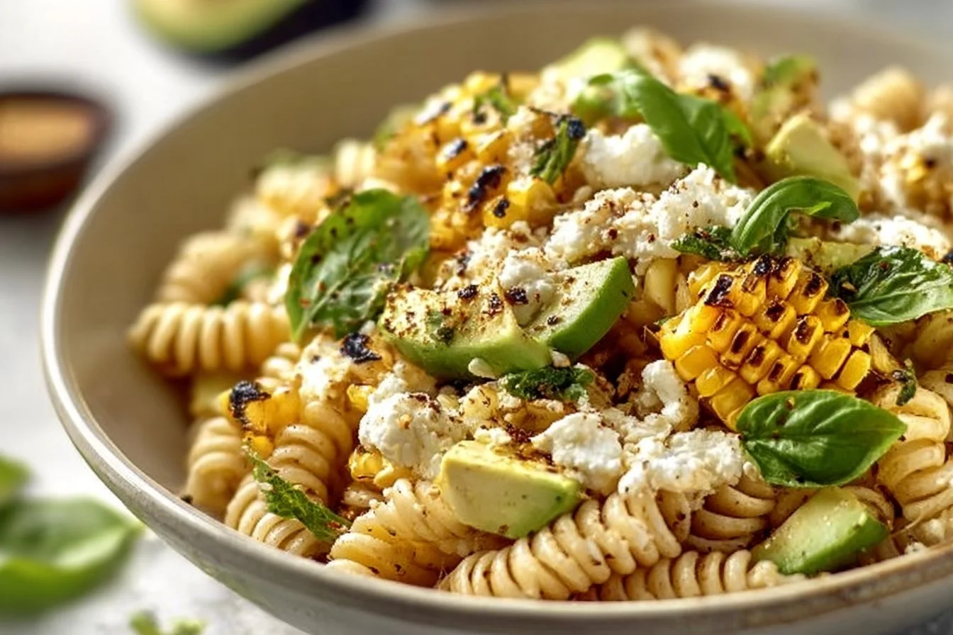 A colorful bowl of Juicy Street Corn Pasta Salad with fresh ingredients.