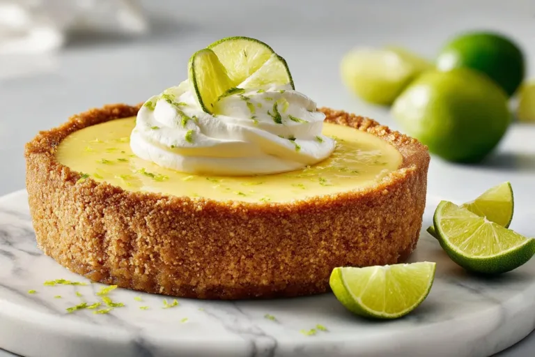 Delicious and creamy Key Lime Pie on a plate with lime slices