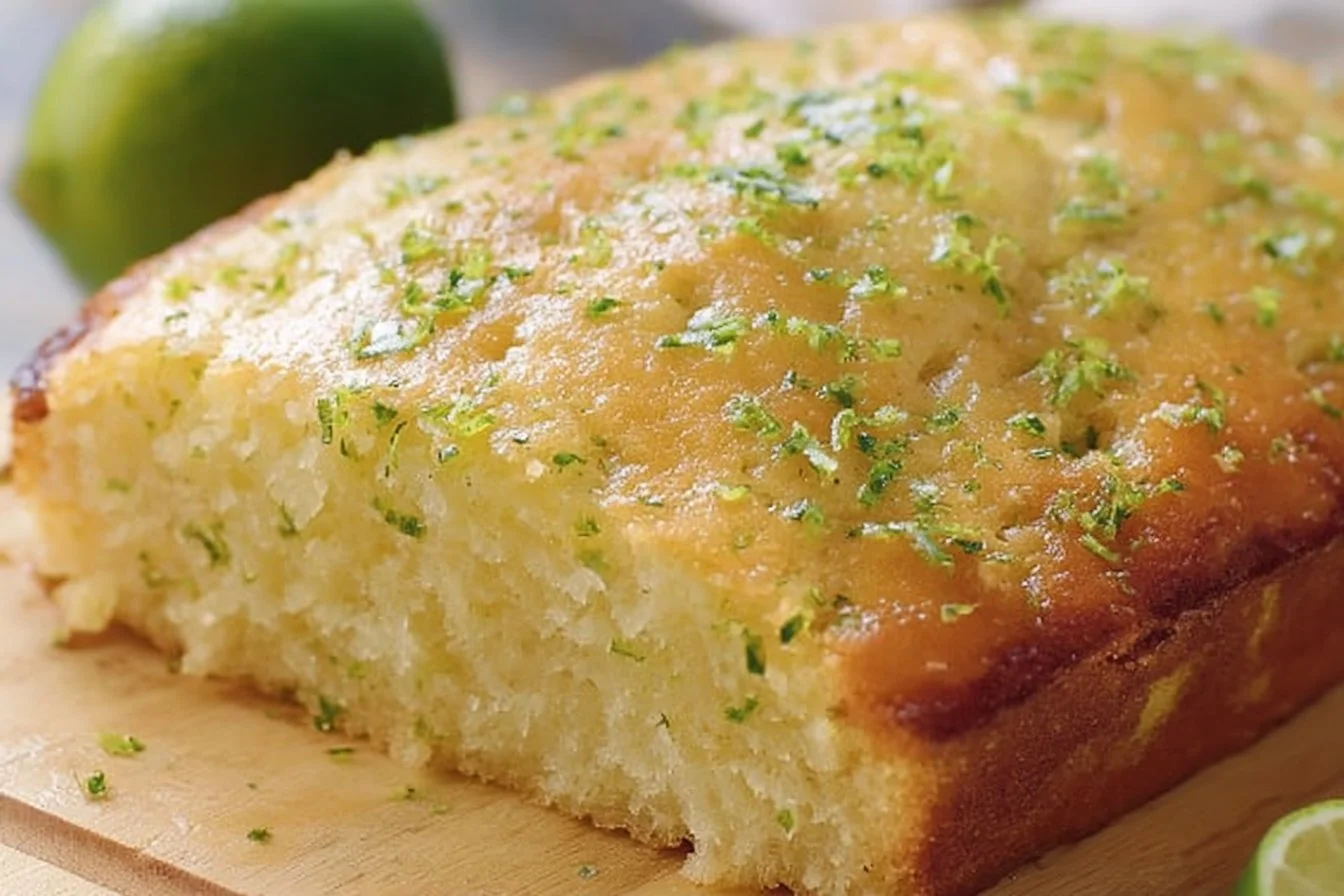 Delicious slice of Key Lime Pound Cake with fresh lime garnish