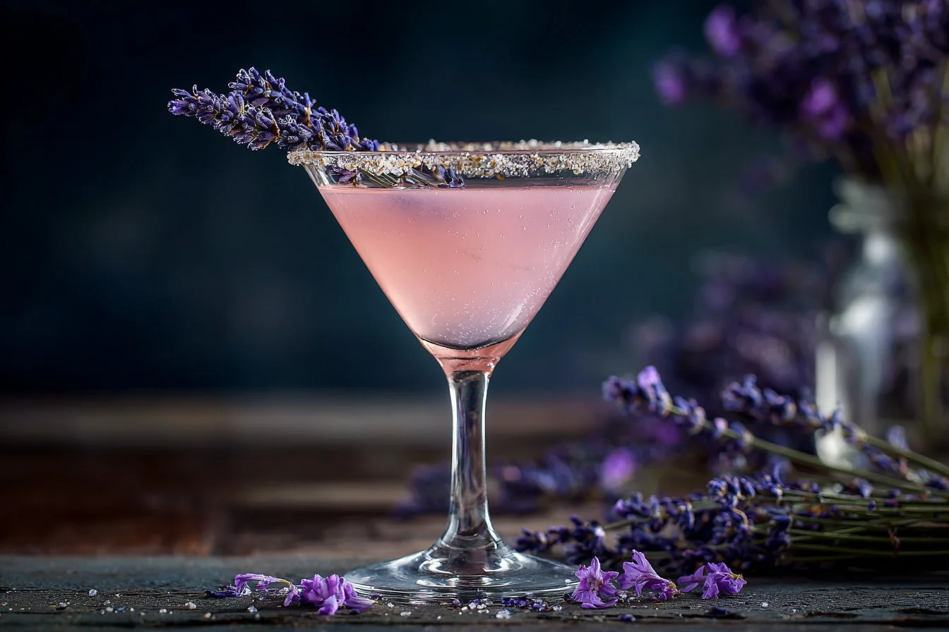 Lavender Lemon Drop Martini cocktail garnished with lavender sprigs and lemon slices