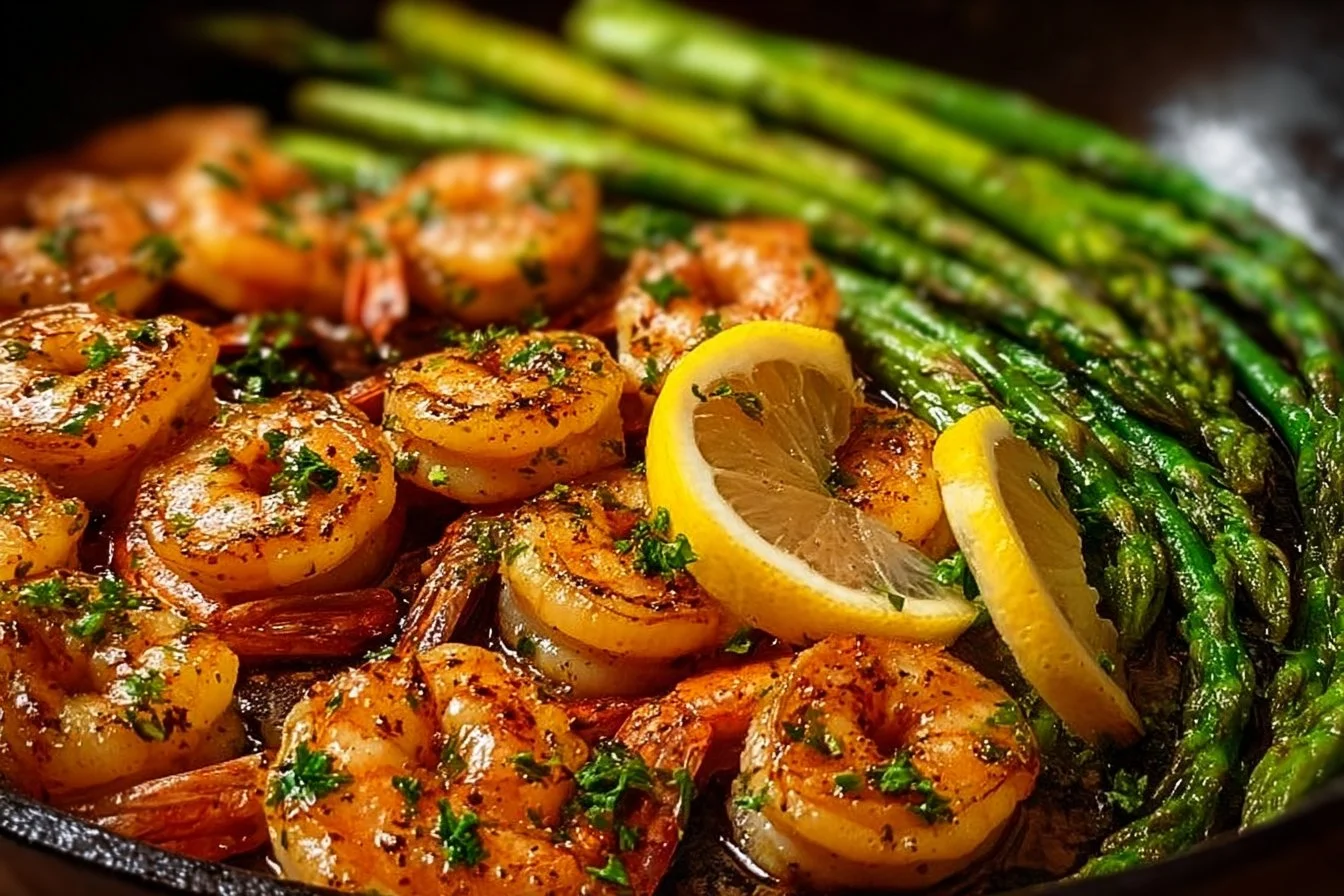 Plate of lemon garlic shrimp and asparagus garnished with fresh herbs.