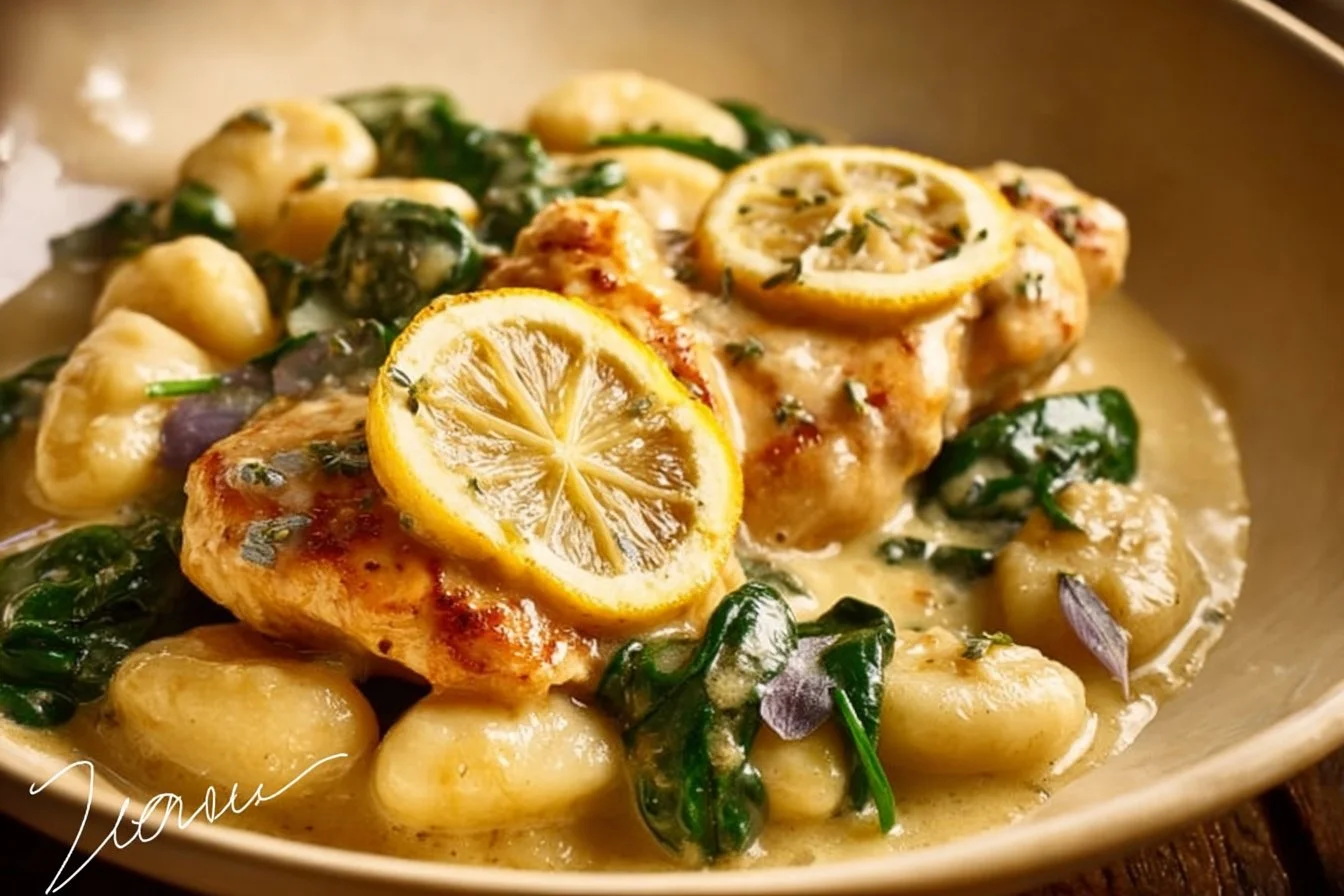 Plate of Lemon Parmesan Chicken Gnocchi garnished with fresh herbs