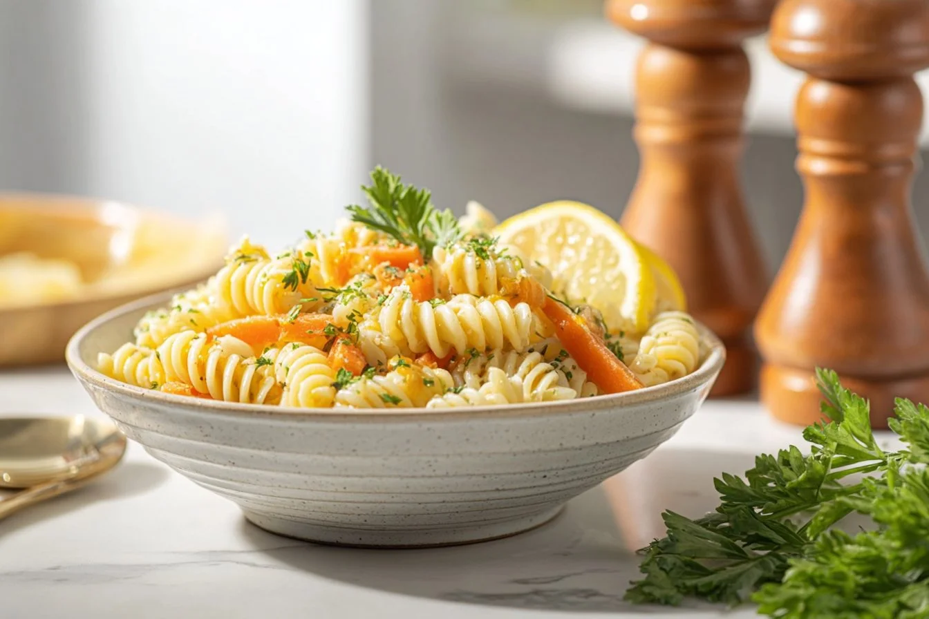 Bowl of Lemon Parmesan Pasta Salad with fresh ingredients and herbs
