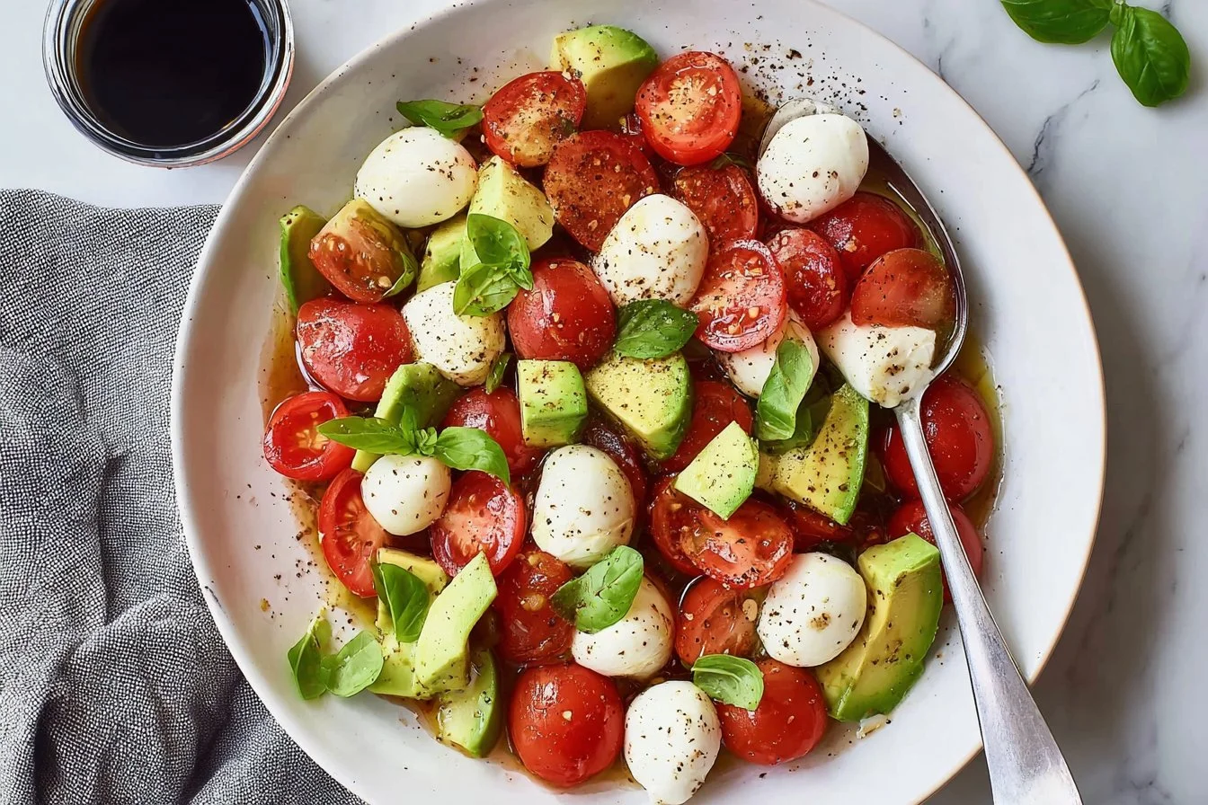 Light Avocado Caprese Salad with tomatoes, mozzarella, and basil