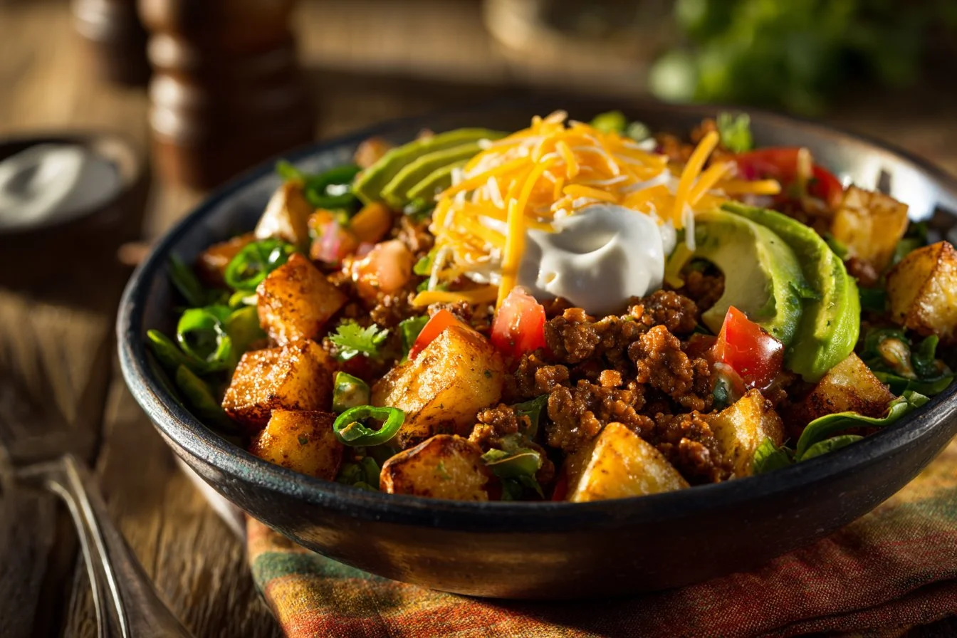 Delicious Loaded Potato Taco Bowl with toppings
