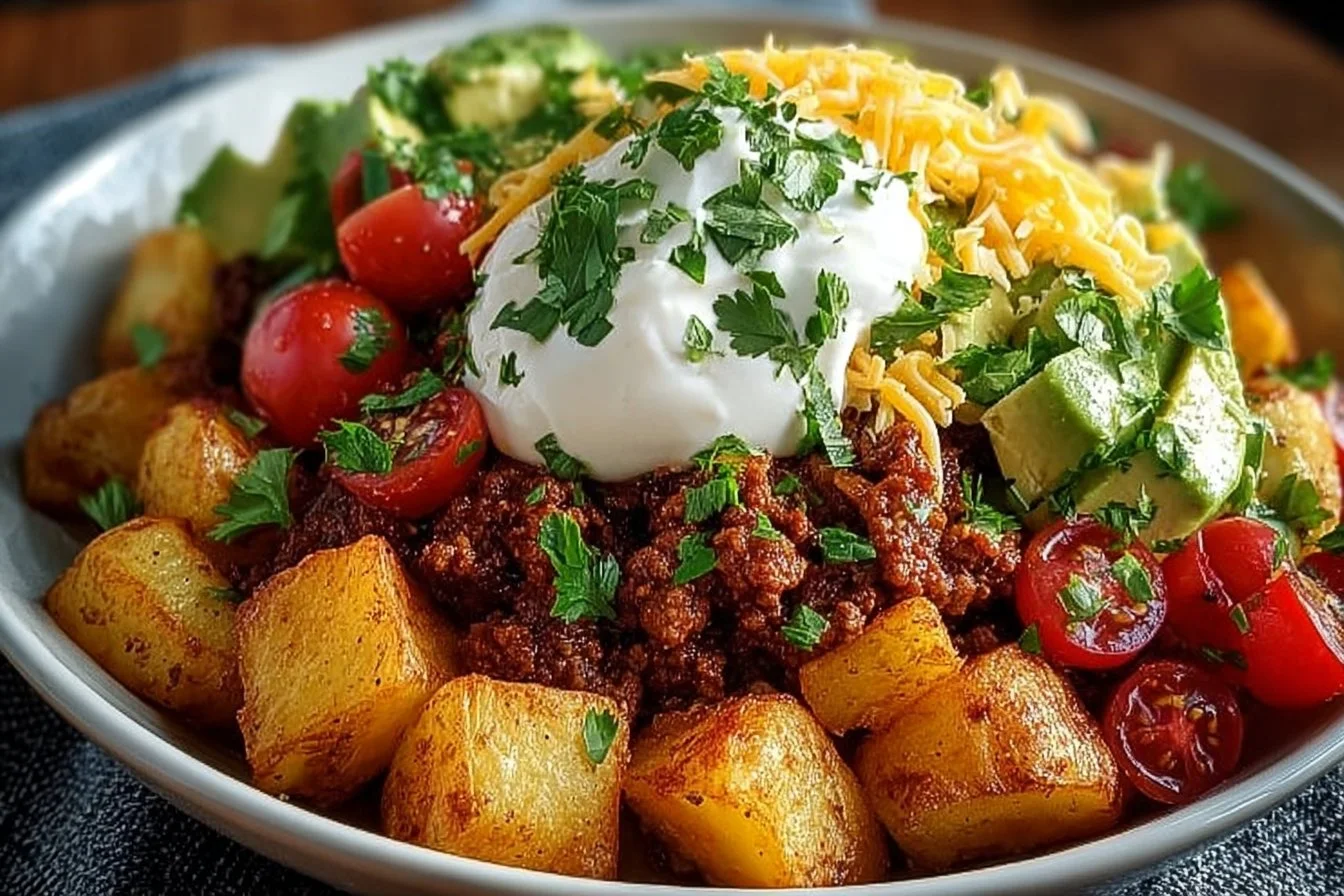 Delicious Loaded Potato Taco Bowl with crispy potatoes and fresh toppings.