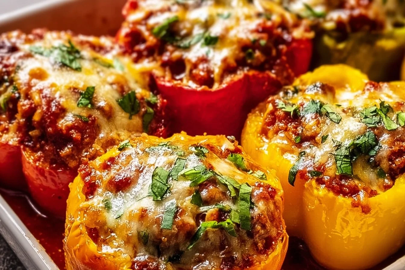 Low carb lasagna stuffed peppers ready to serve, a healthy twist on a classic dish.