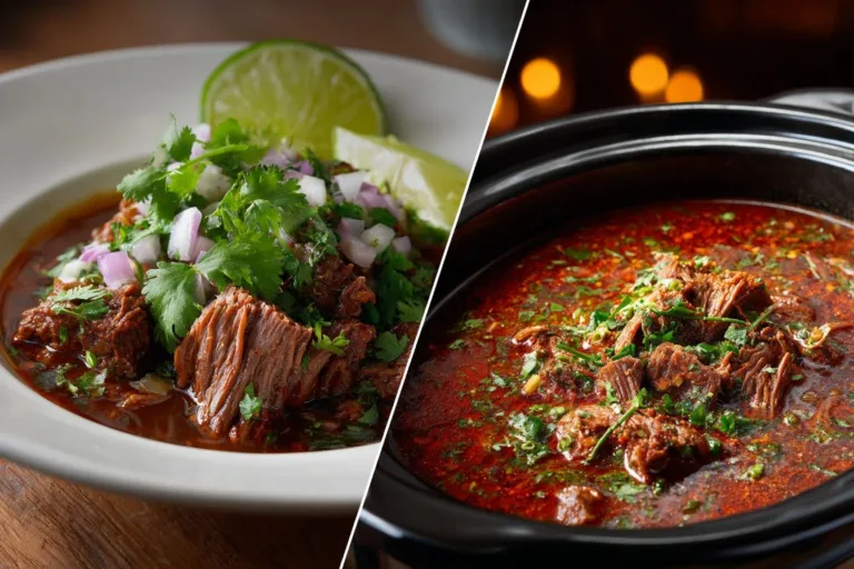 Delicious Mexican beef birria served in a traditional bowl with garnishes.