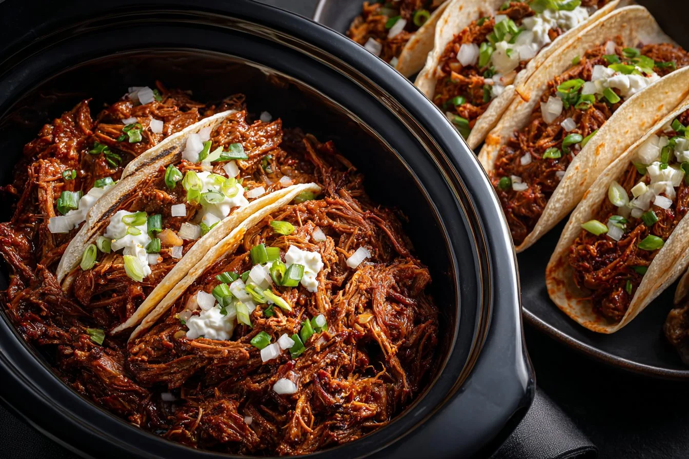 Delicious Mexican shredded beef tacos served with fresh toppings