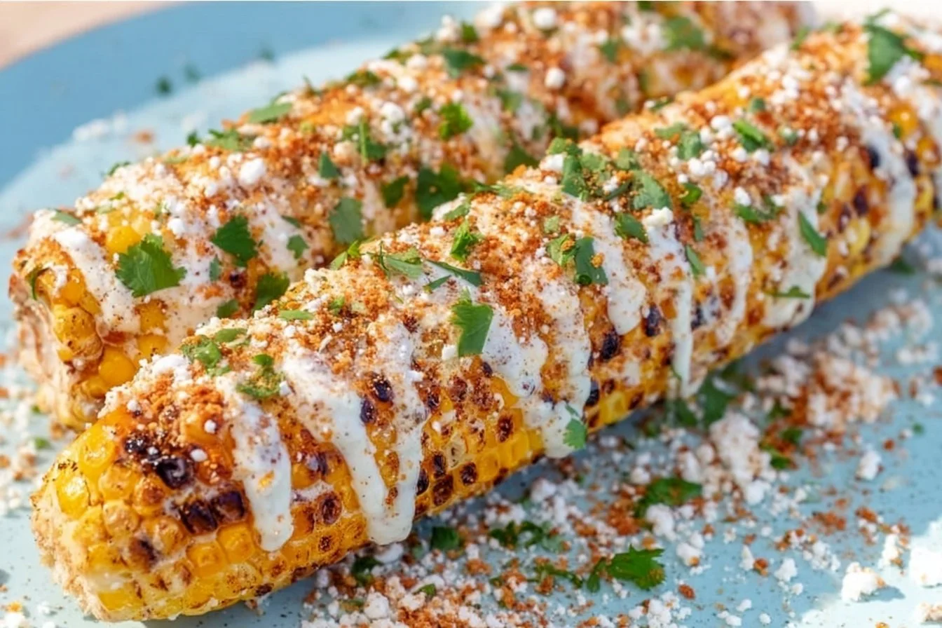 Delicious Mexican Street Corn (Elote) topped with cheese and chili powder