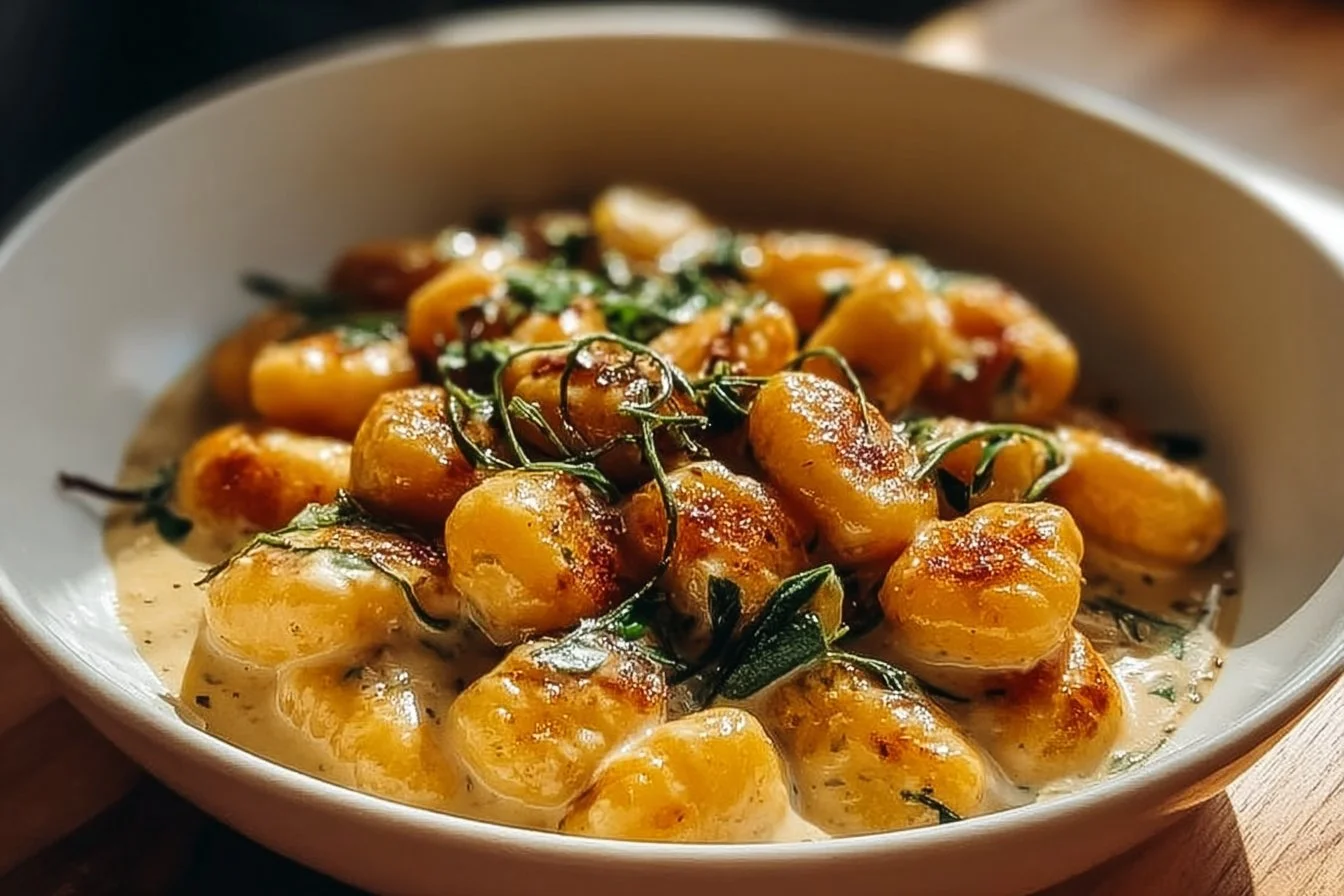 Plate of Millionaire Gnocchi with Creamy Sauce garnished with herbs