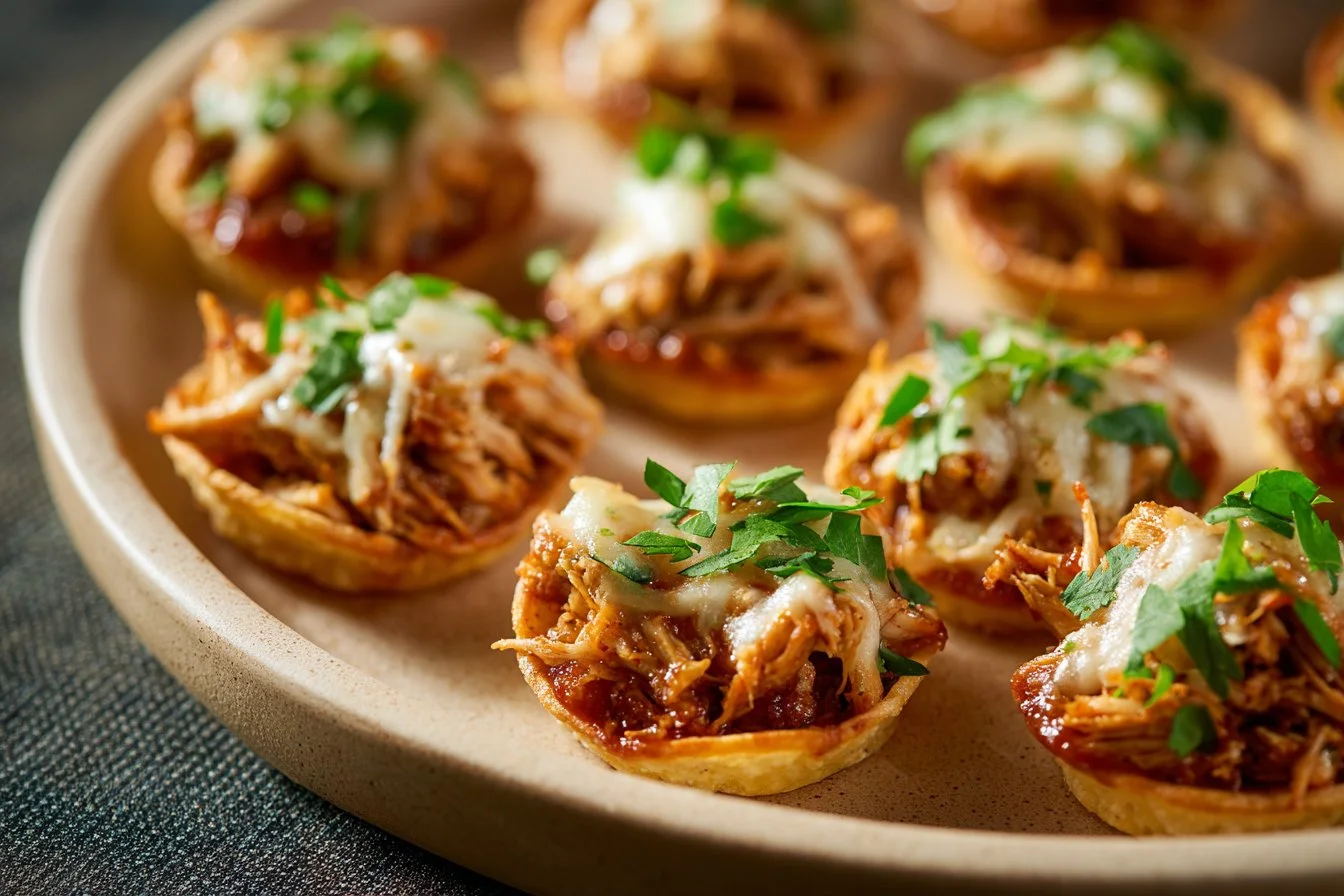 Plate of mini baked chicken tacos with fresh toppings and garnishes