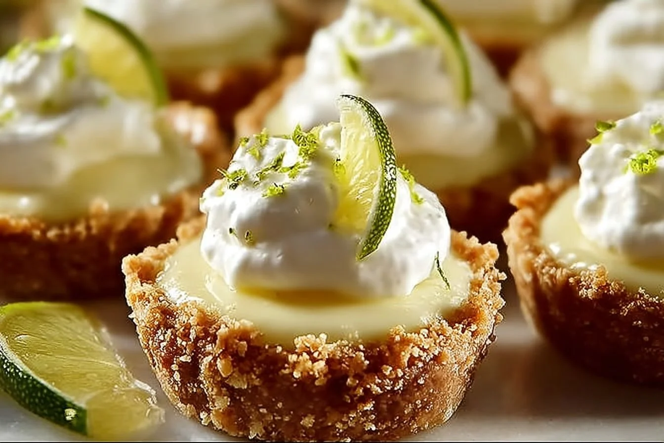 Mini key lime pies garnished with lime slices and whipped cream.
