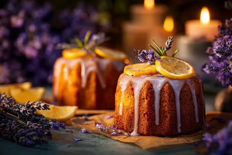 Mini lemon cakes with a lavender glaze on a decorative plate