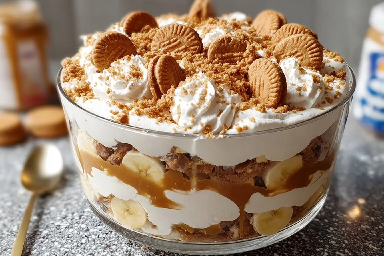 Delicious Nutter Butter Trifle dessert in a glass dish layered with cookies and cream