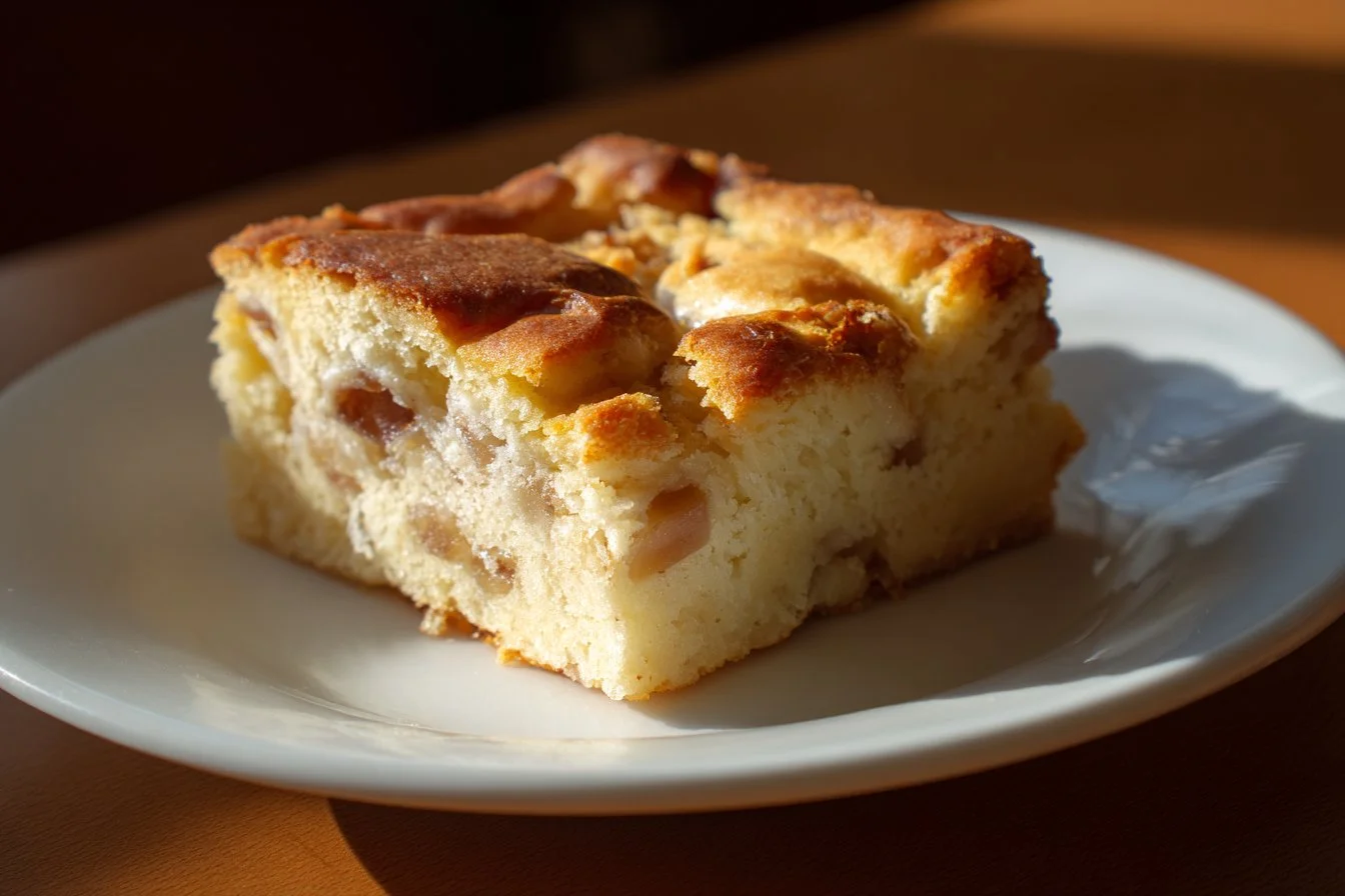 Old Fashioned Rhubarb Pudding Cake served on a plate