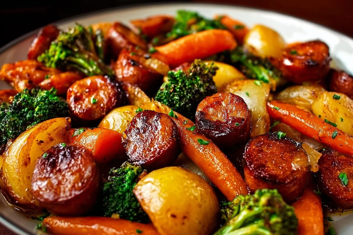 One-Pan Honey Garlic Sausage with colorful vegetables and a tasty glaze