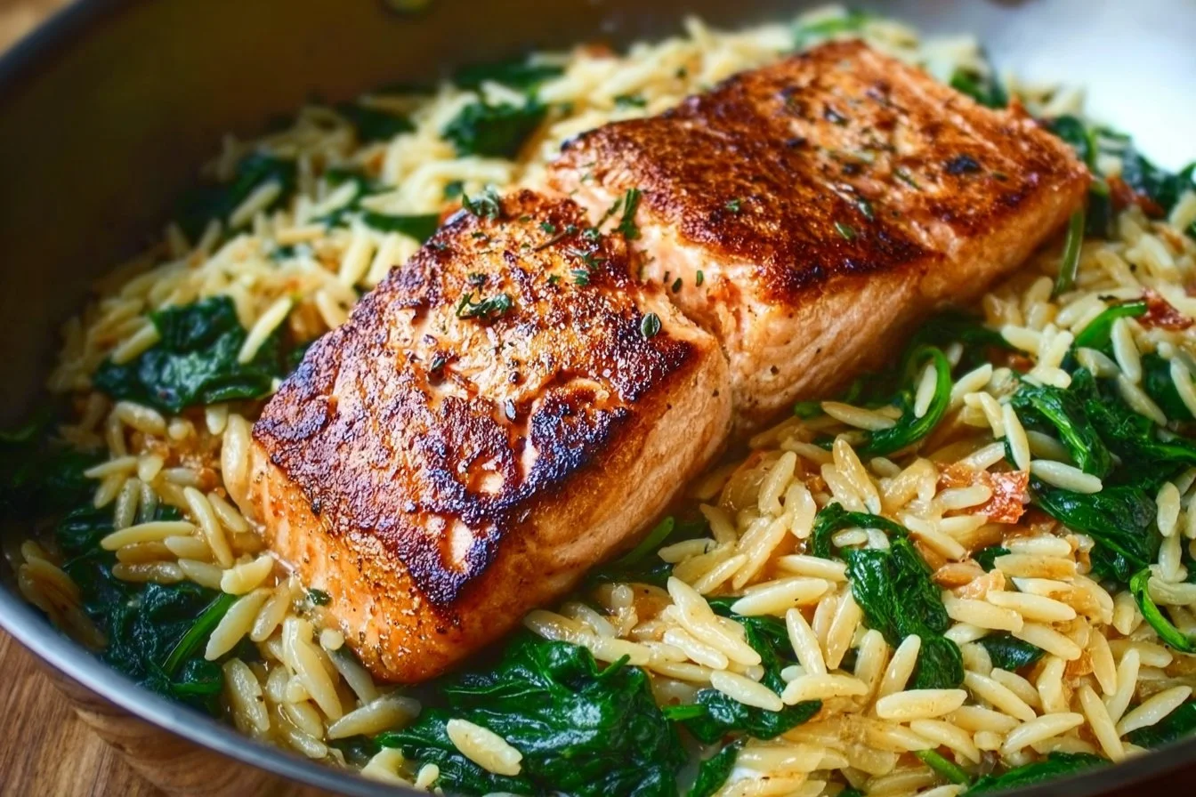 One skillet salmon with lemon orzo served in a vibrant dish