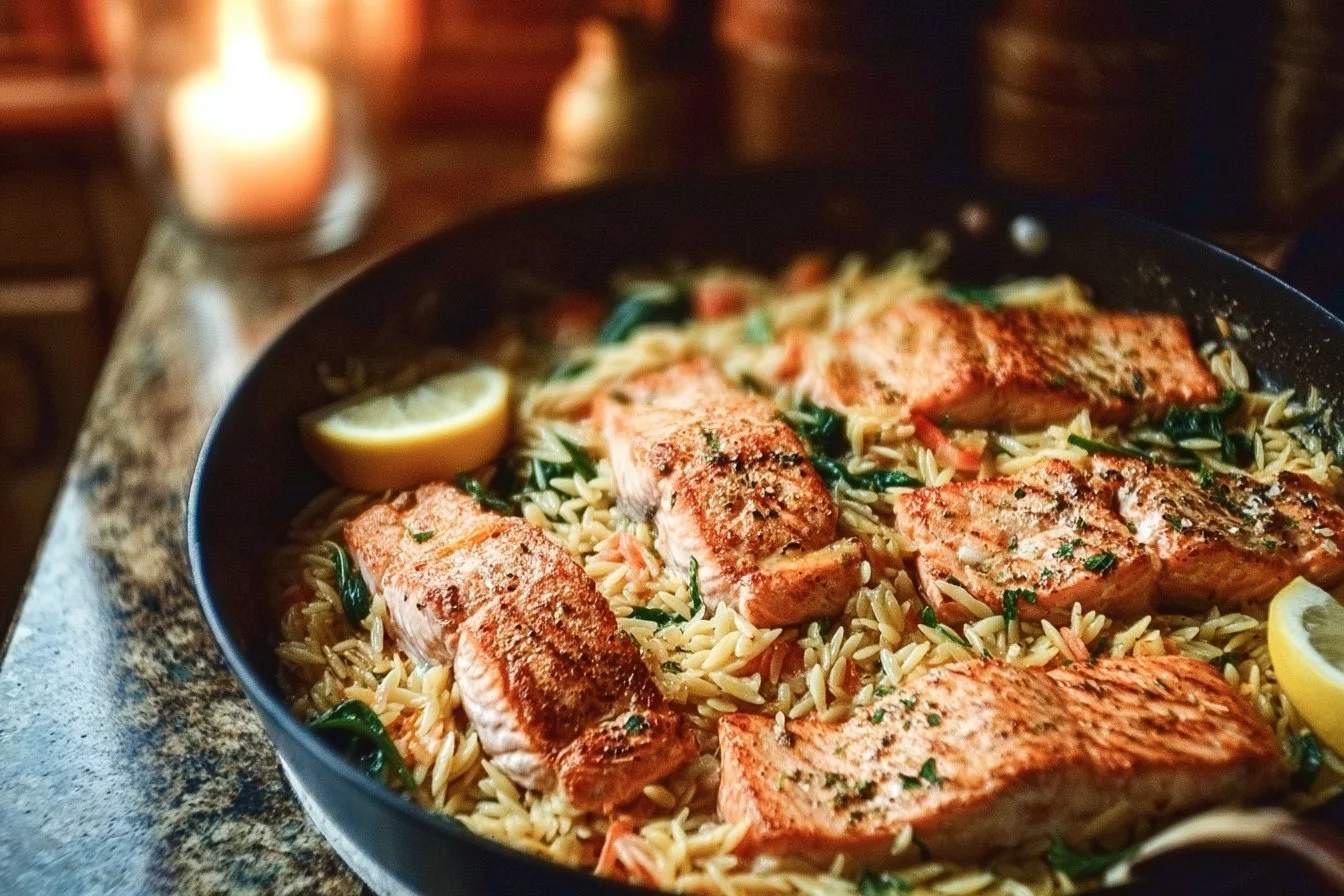 One Skillet Salmon with Lemon Orzo