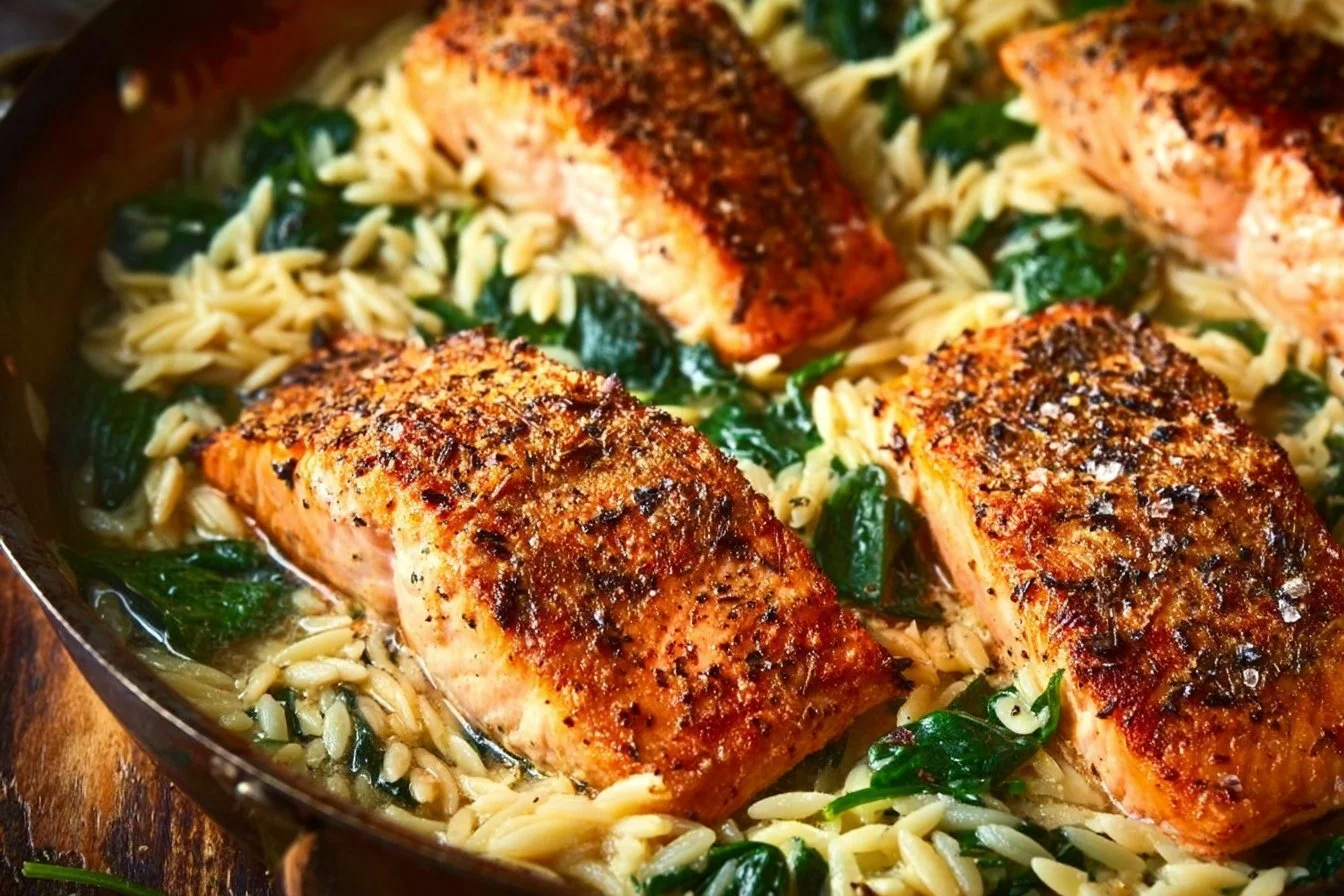 One skillet salmon with lemon orzo on a plate, garnished and ready to serve.
