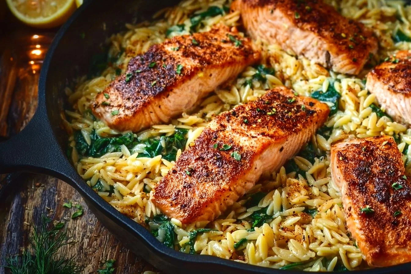 One Skillet Salmon with Lemon Orzo