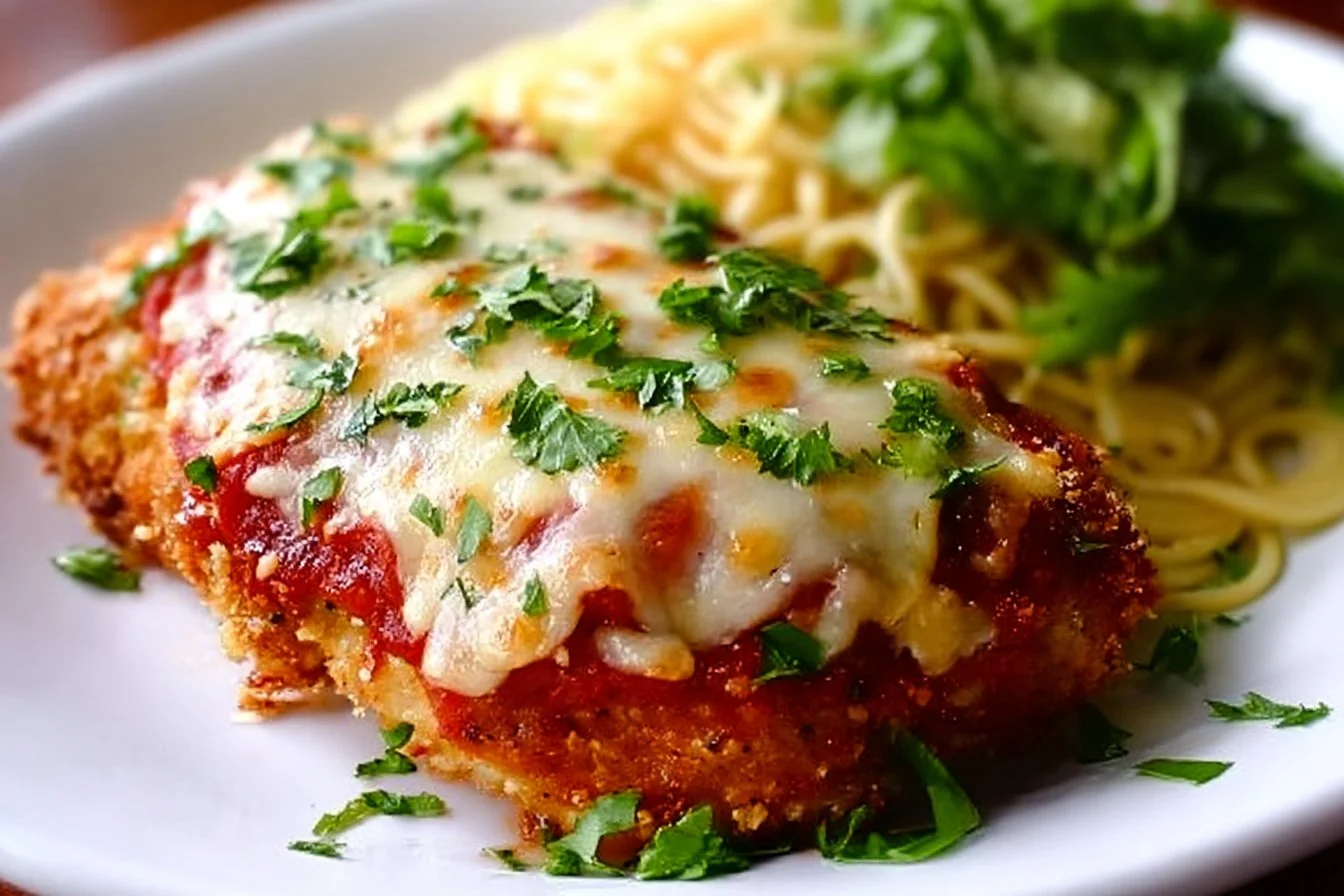 Oven baked Chicken Parmesan with melted cheese and marinara sauce