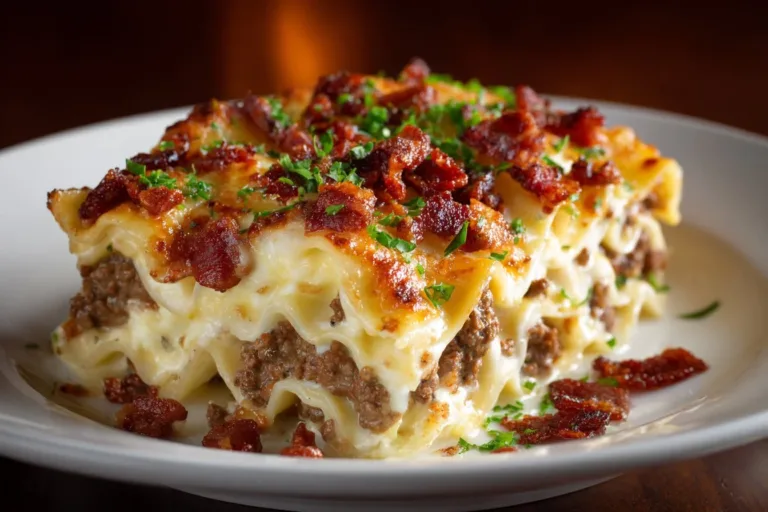 Parmesan Garlic Bacon Cheeseburger Lasagna layered with gooey cheese and crispy bacon