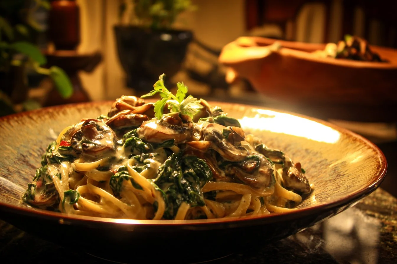 Delicious Parmesan Spinach Mushroom Pasta garnished with fresh herbs.