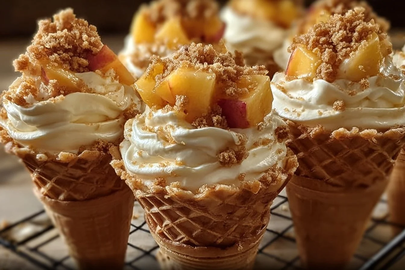 Peach Cobbler Cheesecake Cones topped with fresh peaches and crumble