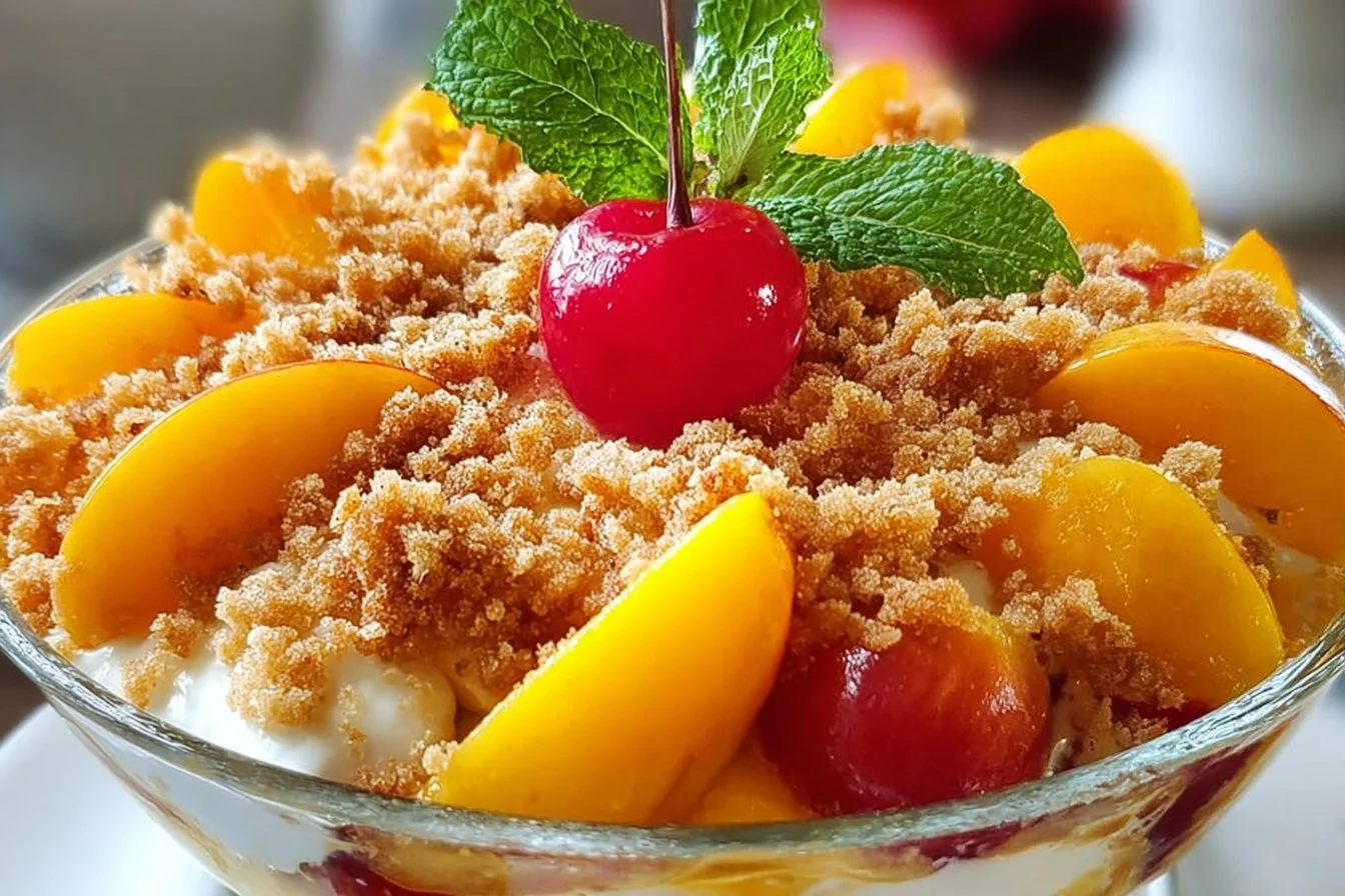 Peach Cobbler Cheesecake Fruit Salad with fresh peaches and creamy cheesecake.