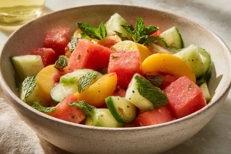 Refreshing Peach Watermelon Salad without feta, featuring vibrant fruit colors.