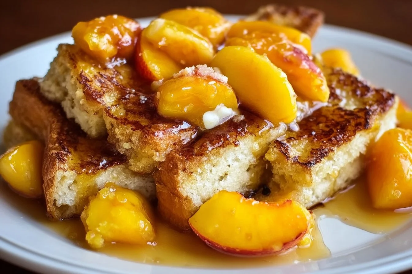 Delicious Peaches and Cream Baked French Toast served with fresh peaches