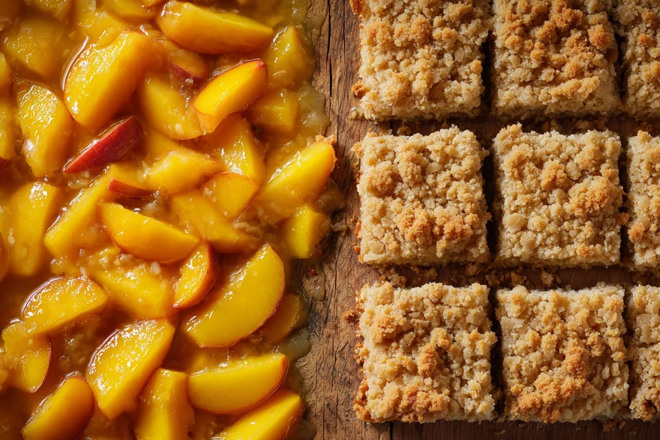 Peaches and Cream Crumble Bars on a rustic wooden table