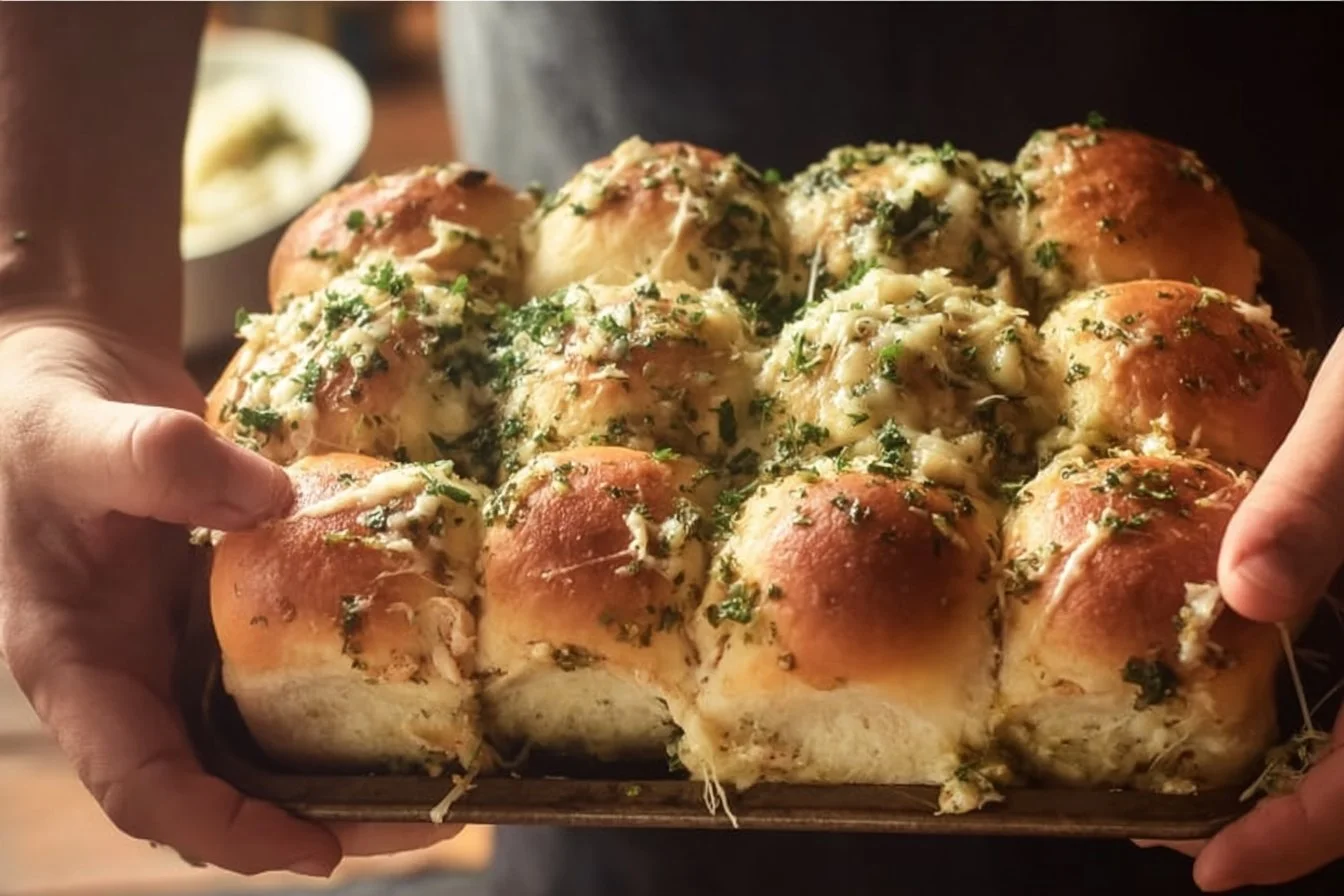 Pesto chicken pull apart sliders with melted cheese on a wooden platter